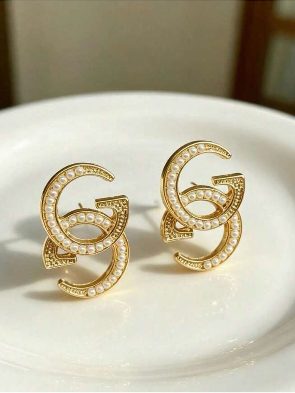 Gold Pearl Double-G Logo Stud Earrings